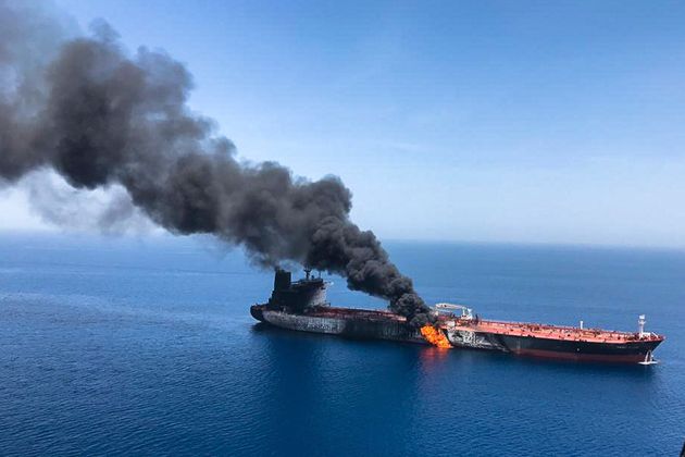 An oil tanker on fire in the sea of Oman last week.