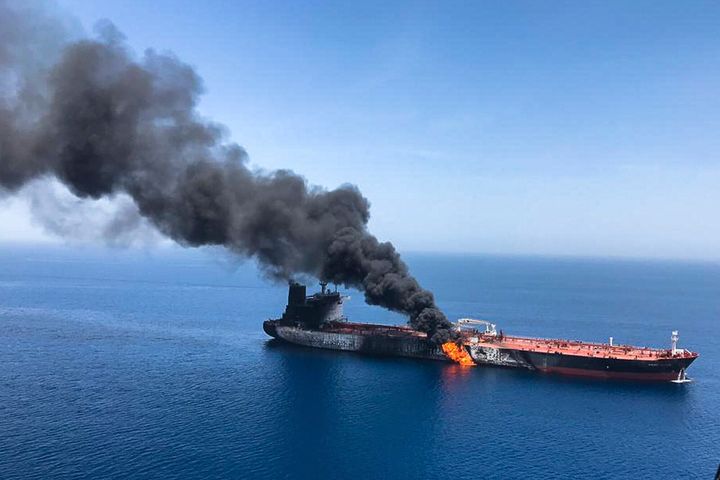An oil tanker on fire in the sea of Oman last week.