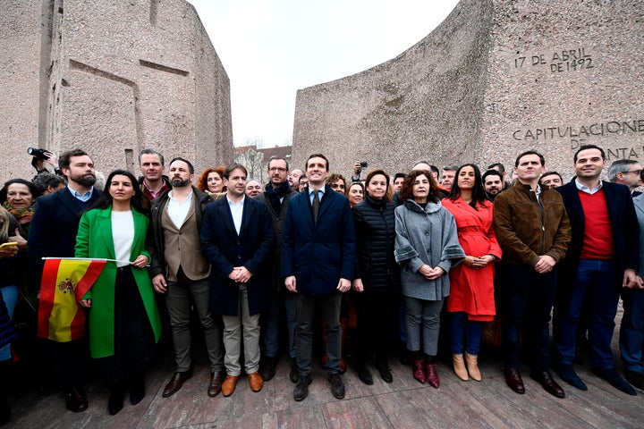 Concentración por la unidad de España en la madrileña plaza de Colón, con la presencia de los líderes del PP, Cs y Vox.
