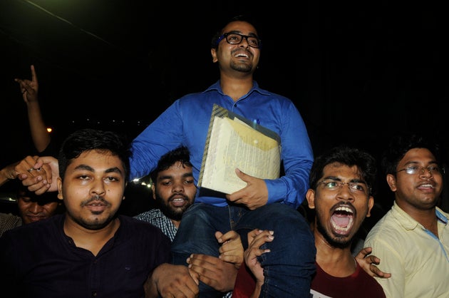 Student doctors celebrate with their members in NRS Hospital after a meeting with Chief Minister Mamata...