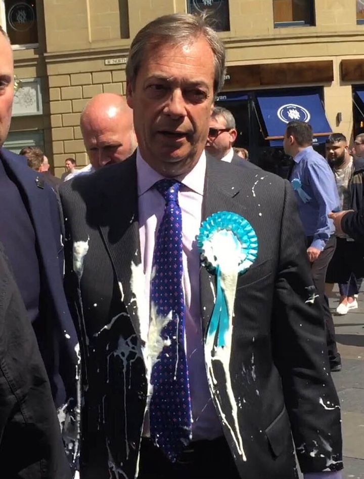 Nigel Farage after he was doused in milkshake during a Newcastle City Centre walkabout 