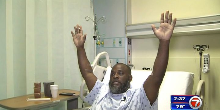 In this Wednesday, July 20, 2016, frame from video, Charles Kinsey explains in an interview from his hospital bed in Miami what happened when he was shot by police. 