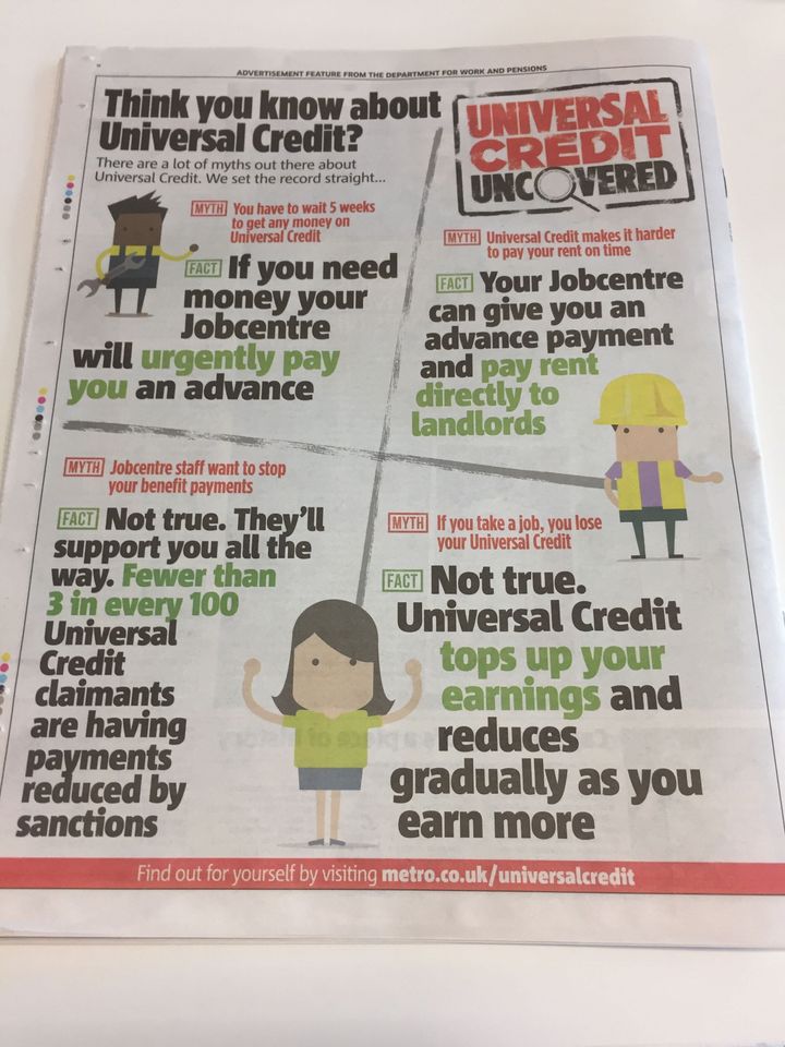 One of the first adverts in the DWP's Universal Credit campaign in the Metro 