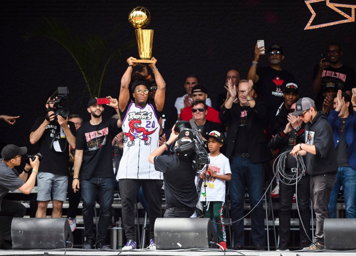 Kyle Lowry on stage during the Raptors Parade.