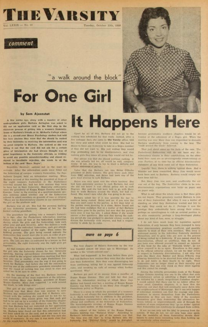 Black student Barbara Arrington was barred from joining a Toronto sorority, as detailed in this article published in The Varsity's Sept. 24, 1959 issue.