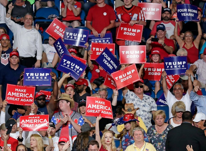 Trump supporters lined up in the rain for hours, some overnight, to get inside during the rally to launch the president's 2020 reelection bid.