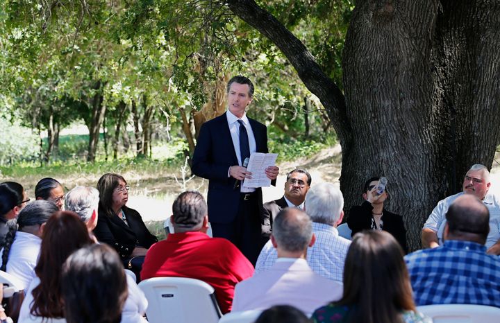 Gov. Gavin Newsom addresses a meeting with Native American tribal leaders from around the state at the future site of the California Indian Heritage Center in West Sacramento, Calif., on Tuesday, June 18, 2019. Newsom took the occasion to formally apologize to tribal leaders from around California for the violence, mistreatment and neglect inflicted on Native Americans throughout the state's history. 
