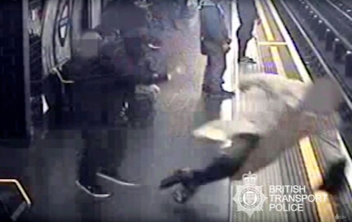 CCTV issued by British Transport Police showing Robert Malpas being pushed on to the tracks of Marble Arch Underground station in London by Paul Crossley