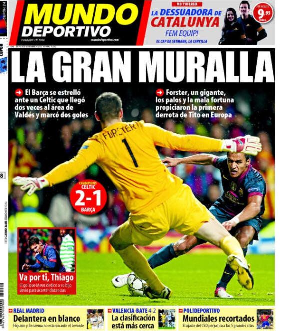 Celtic 2 1 Barcelona Fraser Forster Hailed As The Great Wall By Spanish Press Huffpost Uk Sport