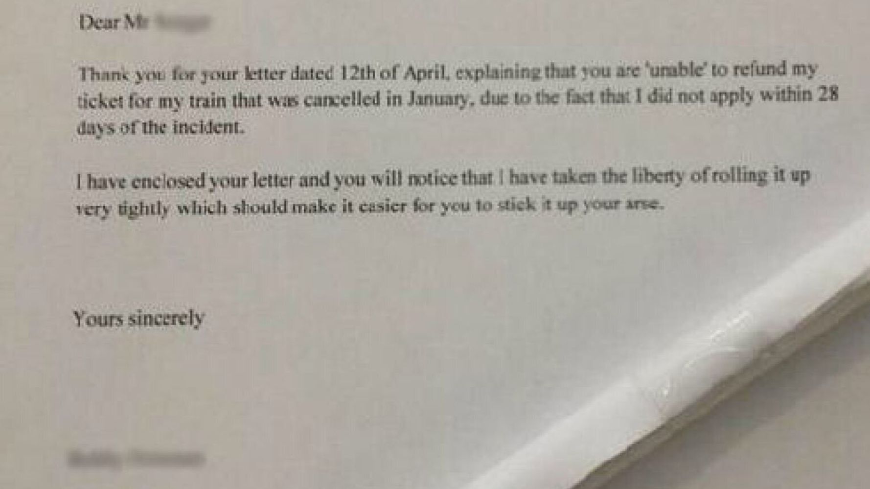 Irate Passenger Returns Rolled Up Refund Rejection Letter To Train ...