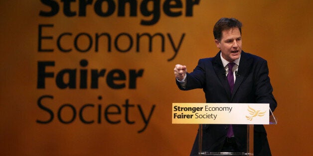 GLASGOW, SCOTLAND - SEPTEMBER 18: British Deputy Prime Minister and Leader of the Liberal Democrats Nick Clegg delivers his key-note speech to delegates at the end of the Liberal Democrat Autumn Party Conference at the SECC, Scottish Exhibition and Conference Centre on September 18, 2013 in Glasgow, Scotland. At the end of the five day event, the party leader brought the conference to a close with his keynote speech, rallying his party and insisting that they support the coalition government in