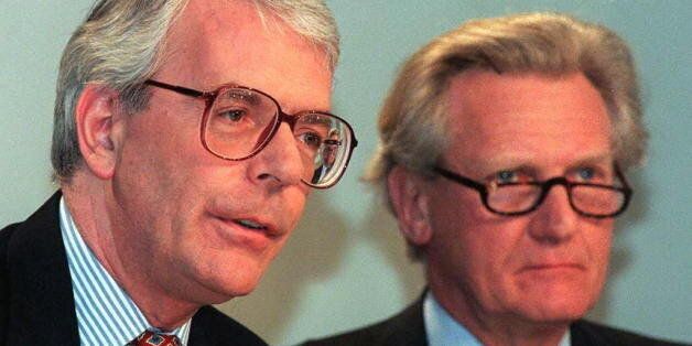 LONDON, UNITED KINGDOM - APRIL 9: British Prime Minister John Major (L) and his deputy Michael Heseltine answer questions at the morning election conference, 09 April in London, as sleaze promised to dominate the 22 days left to May 1 elections after local party bosses thumbed their noses at the national leadership and retained MP Neil Hamilton accused of taking bribes. Mr Major said that Mr Hamilton had the full support of the Conservative Party and hoped he would return to the House of