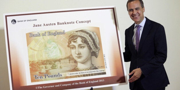 CHAWTON, UNITED KINGDOM - JULY 24: Governor of the Bank of England, Mark Carneystands alongside the concept design for the new Bank of England ten pound banknote, featuring author Jane Austen during the presentation at the Jane Austen House Museum on July 24, 2013 in Chawton, near Alton, England. Jane Austen will appear on the United Kingdom's next 10 pound note, ensuring at least one female figure is represented on the currency in circulation. (Photo by Chris Ratcliffe - Pool/Getty Images)