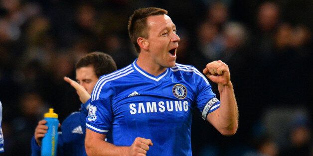 MANCHESTER, ENGLAND - FEBRUARY 03: John Terry of Chelsea celebrates victory during the Barclays Premier League match between Manchester City and Chelsea at Etihad Stadium on February 3, 2014 in Manchester, England. (Photo by Shaun Botterill/Getty Images)