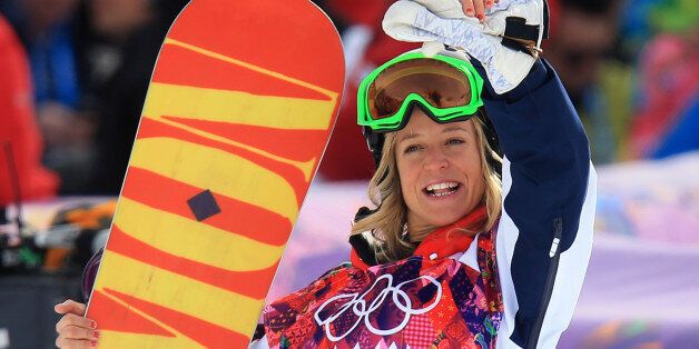 Great Britain's Jenny Jones celebrates after fining out she won Bronze in the Women's Snowboard Slopestyle Final during the 2014 Sochi Olympic Games in Krasnaya Polyana, Russia.