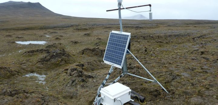Solar-powered scientific equipment records data in a landscape of partially thawed Arctic permafrost near Isachsen, Canada, in this handout photo released June 18, 2019.