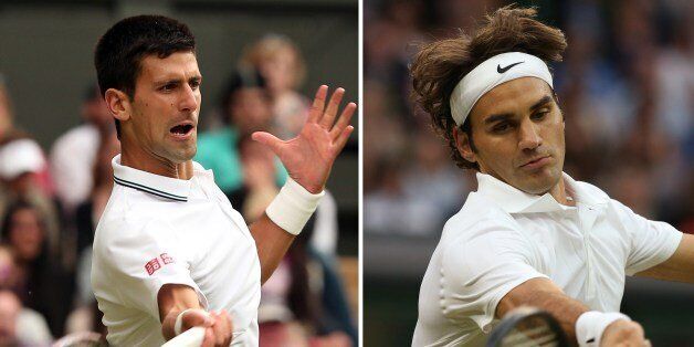 A combination of photographs created on July 5, 2014 shows Serbia's Novak Djokovic (L) returning during his men's singles second round match against Czech Republic's Radek Stepanek on day three of the 2014 Wimbledon Championships and Switzerland's Roger Federer (R) hitting a return during his men's singles third round match against Colombia's Santiago Giraldo on day six at The All England Tennis Club in Wimbledon, southwest London. Djokovic takes on seven-time Wimbledon champion Roger Federer in