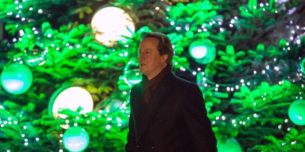 British Prime Minister David Cameron joins members of the military and their families at the lighting of Downing Street's Christmas tree at 10 Downing Street on December 8, 2014