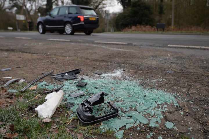 Broken glass and car parts on the side of the A149 near to the Sandringham Estate where the Duke of Edinburgh was involved in a road accident in January while driving. 