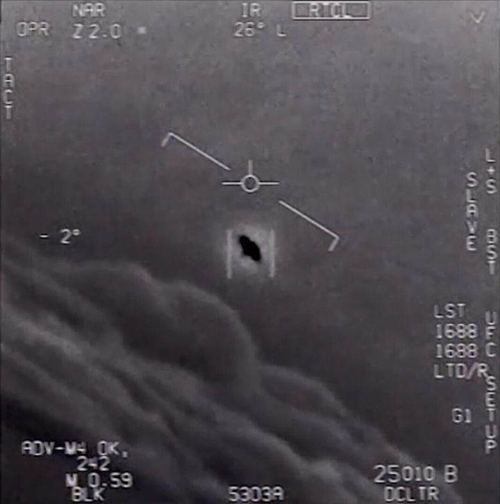 An encounter between a Navy F/A-18 Super Hornet and an unknown object is pictured after its video was released by the Defense Department's Advanced Aerospace Threat Identification Program in 2017.