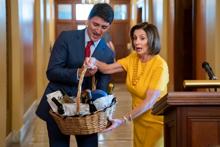 Prime Minister Justin Trudeau U.S. House Speaker Nancy Pelosi, exchange gifts at the Capitol in Washington on June 20, 2019.