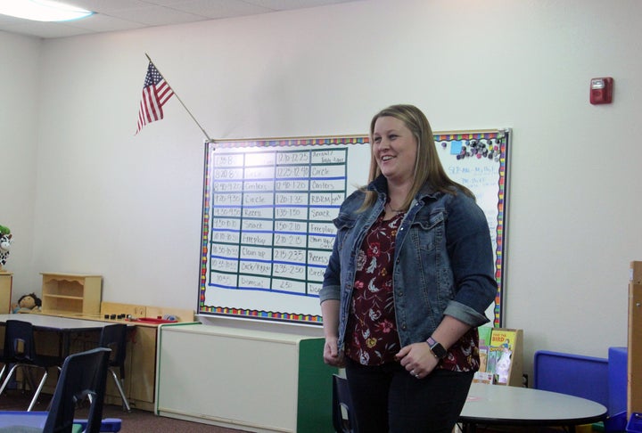 Dysart preschool teacher Megan Jones waits for students in her afternoon class to arrive at school.