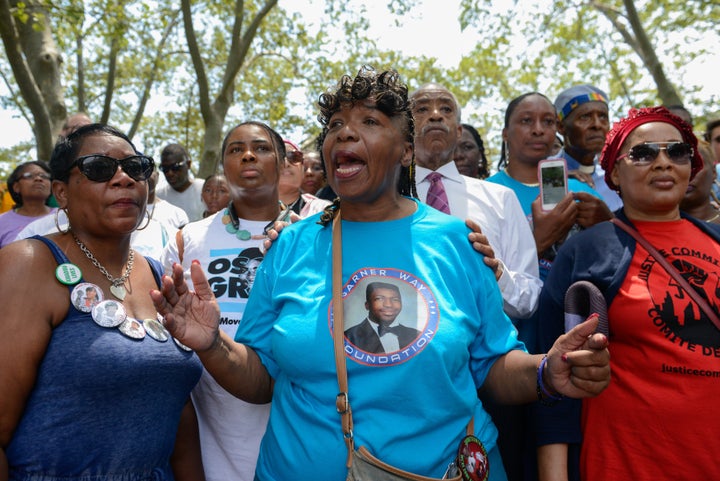 Gwen Carr, Eric Garner's mother, speaks in Brooklyn during a march commemorating the two-year anniversary of her son's death.