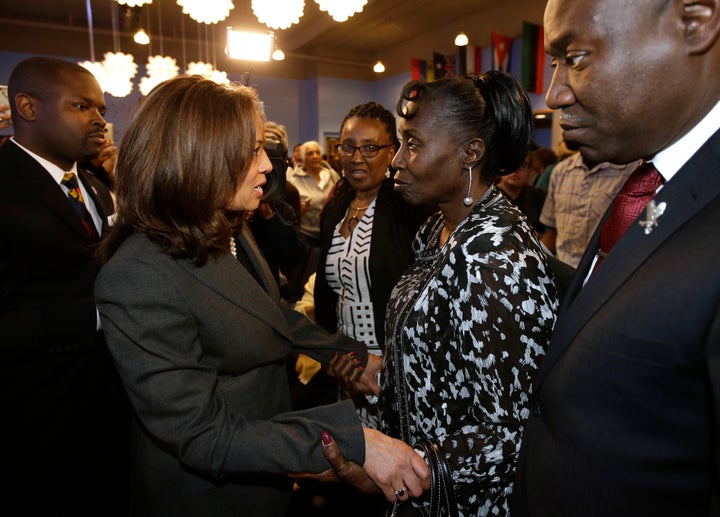 Sen. Kamala Harris speaks to Stephon Clark's grandmother in April 2018. Clark was an unarmed 22-year-old black father of two who was shot to death by police in his grandparents’ backyard.