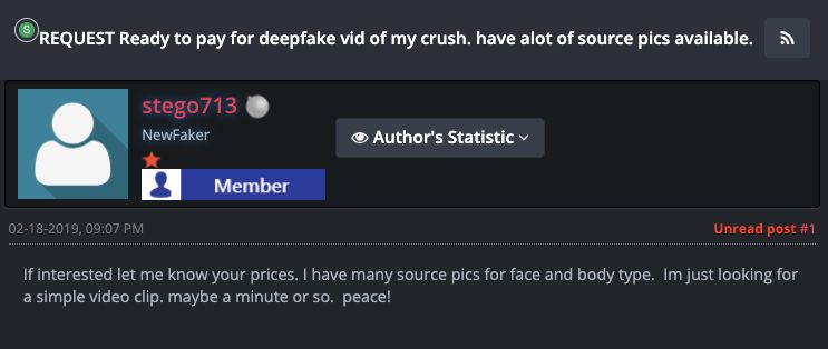 Someone makes an anonymous, paid request for deepfake porn of their crush.