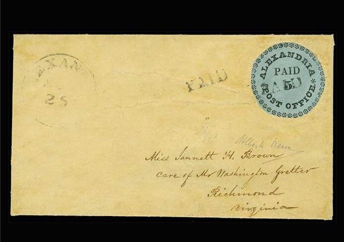 This Alexandria "Blue Boy" stamp was affixed to an 1847 letter conveyed between a courting couple. 
