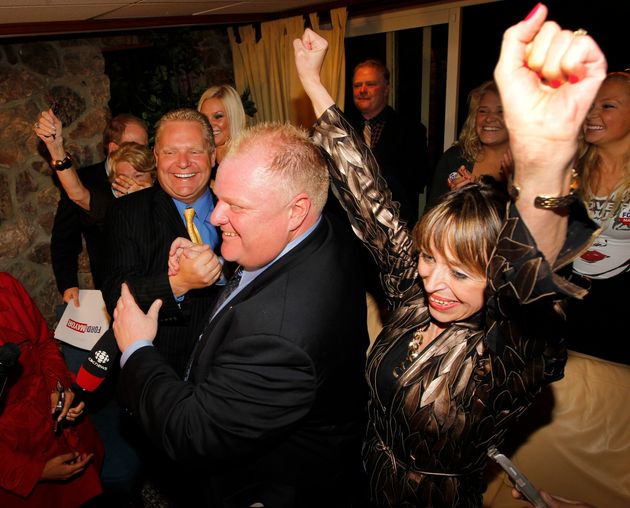 Rob Ford celebrates his election win with wife Renata and brother Doug in Toronto on Oct. 25, 2010.
