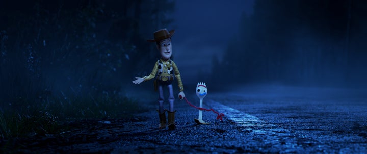 Woody and Forky in "Toy Story 4," written by Stephany Folsom and Andrew Stanton.