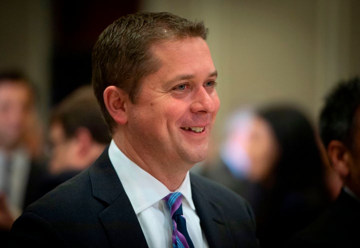 Andrew Scheer smiles during an event at the Montreal Council on Foreign Relations on May 7, 2019.