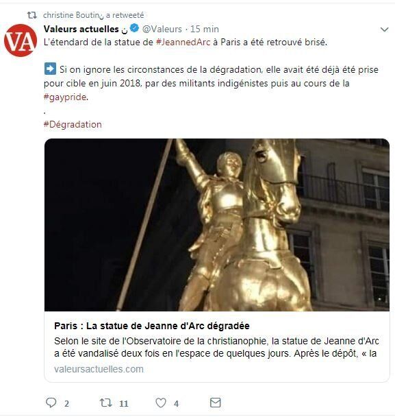 Non, la statue de Jeanne d'Arc du 1er arrondissement n'a pas été