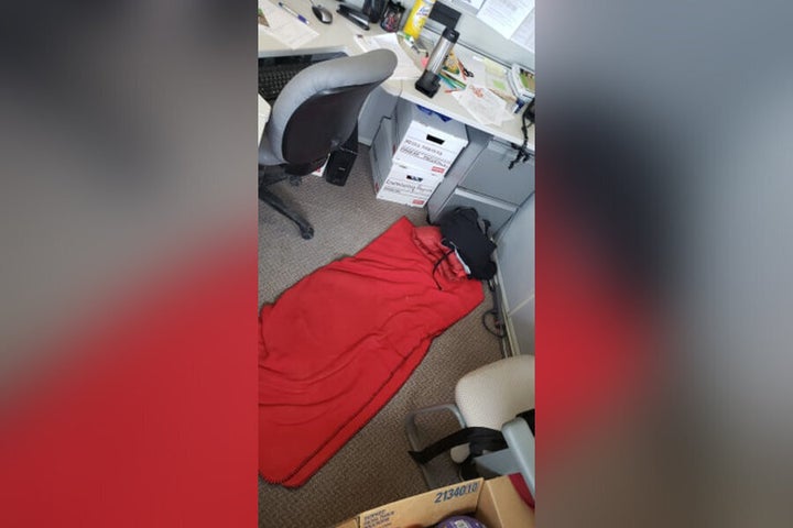 Caroline Robinson often sleeps in this sleeping bag on her office floor.