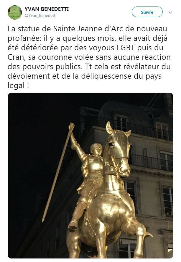 Non, la statue de Jeanne d'Arc du 1er arrondissement n'a pas été