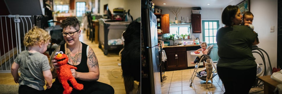 Left: Des plays with their son, August Garcia-Stage, at their home on June 20, 2019. Right: Gus eats lunch while Fel holds their daughter, Theodora Garcia-Stage.