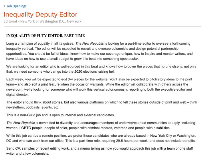 The job posting for an "Inequality Editor" at the New Republic.