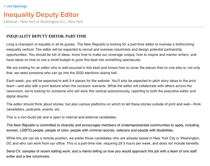 The job posting for an "Inequality Editor" at the New Republic.