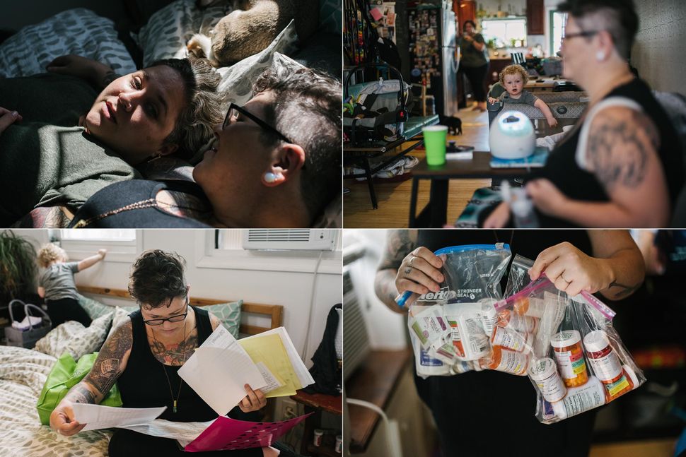 Top left:&nbsp;Fel and Des rest in their room at home. Top right:&nbsp;Gus watches Des pump milk. Bottom left:&nbsp;Des looks through her IVF insurance papers. Bottom right:&nbsp;Des holds bags of remaining IVF medication and supplements.