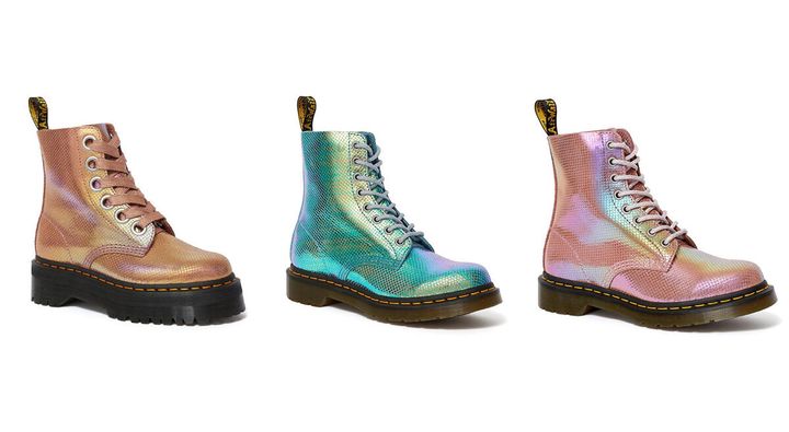 (L-R) Molly Iridescent Platform Boot, £169, and 1460 Pascal Boot in blue and pink, both £139
