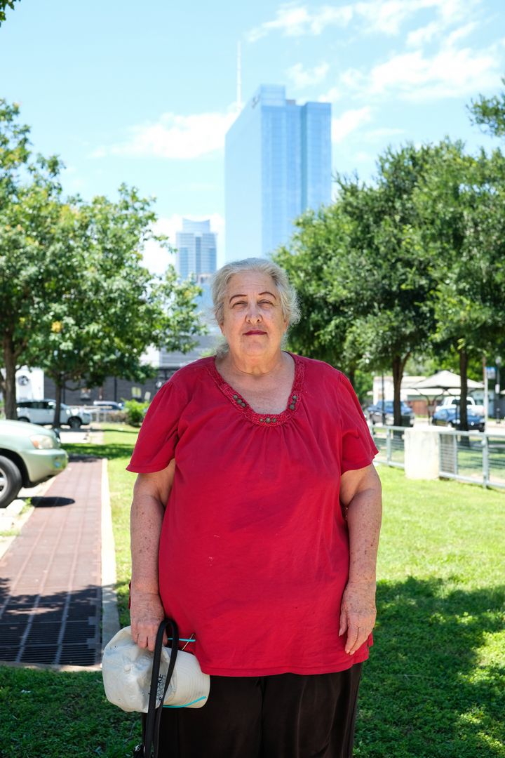 Amy Peck, a member of the Austin Homelessness Advisory Committee, outside the Terrazas Branch Library in Austin, Texas, after