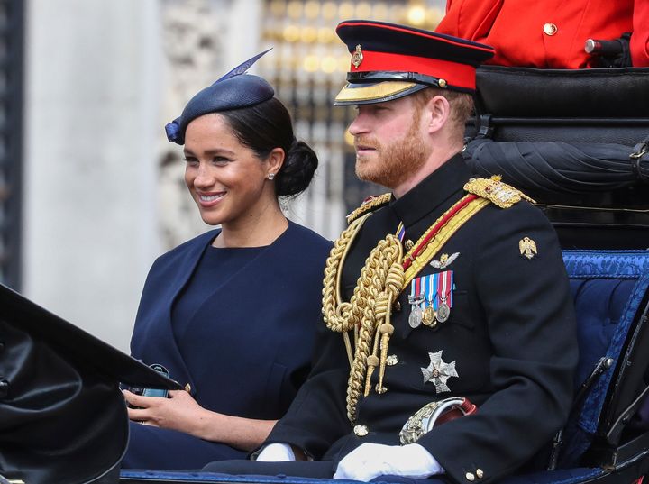 The Duke and Duchess of Sussex at Trooping The Colour, the Queen's annual birthday parade in London.&nbsp;