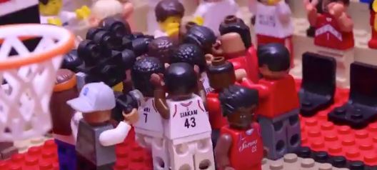 A screengrab from Jared Jacobs' Lego version of Kawhi Leonard's buzzer-beater against Philadelphia.