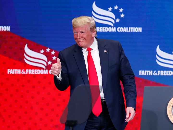 President Donald Trump gestures after speaking at the Faith & Freedom Coalition conference in Washington, Wednesday, June 26, 2019.