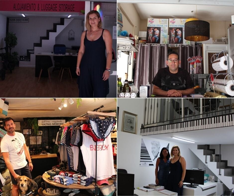 (De izq a dcha): Daniela, dueña de los apartamentos Aladín; Carlos, dueño de la bombonería La Boquilla; Cédric, dueño de la tienda Gogó; Jaione (con Daniela) dueña de la inmobiliaria Pía Beck.