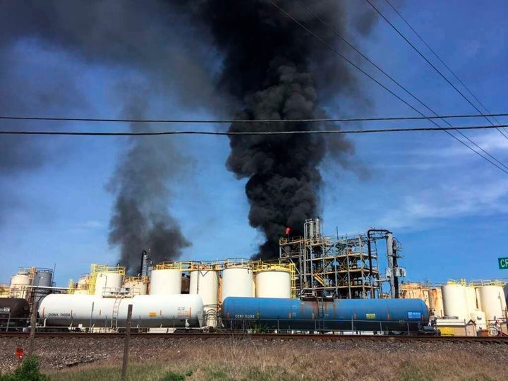 This photo taken by the Harris County Fire Marshal's Office shows the KMCO Chemical plant on fire Tuesday, April 2, 2019, in Crosby, Texas. The Chemical Safety Board is investigating the incident, in which one person died.