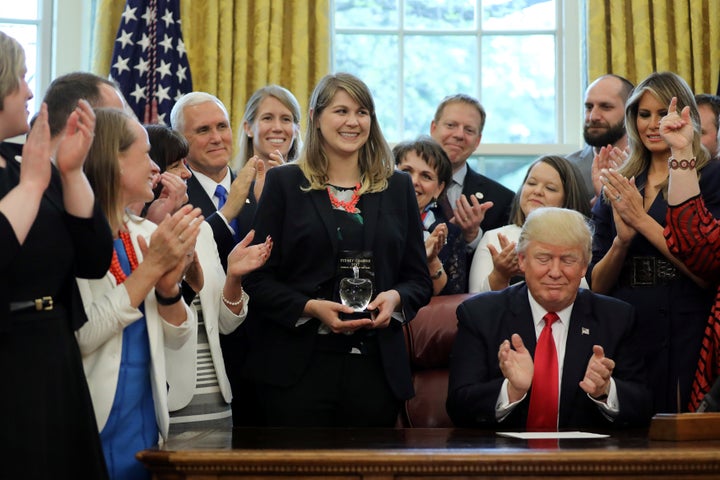 Sydney Chaffee (center) being honored by President Donald Trump after winning the 2017 National Teacher of the Year award.