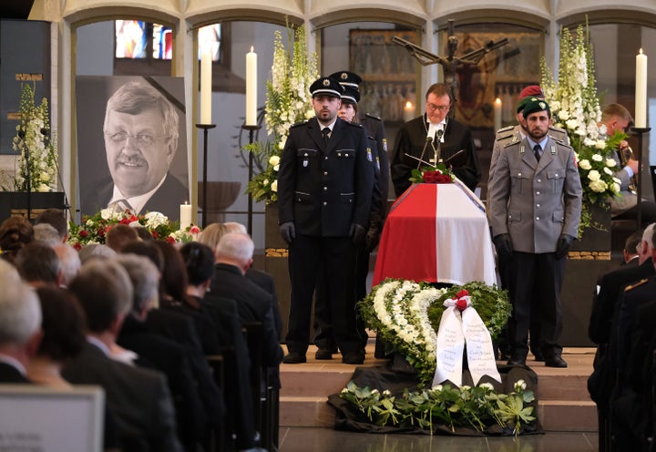Bishop Martin Hein speaks during a memorial service for murdered German politician Walter Lübcke on June 13, 2019, in Ka