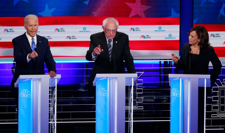 Former Vice President Joe Biden, Sen. Bernie Sanders (I-Vt.) and Sen. Kamala Harris (D-Calif.) at the Democratic primary debate Thursday night.